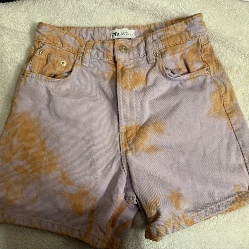Zara Lavender and Orange Tie-Dye Denim Shorts